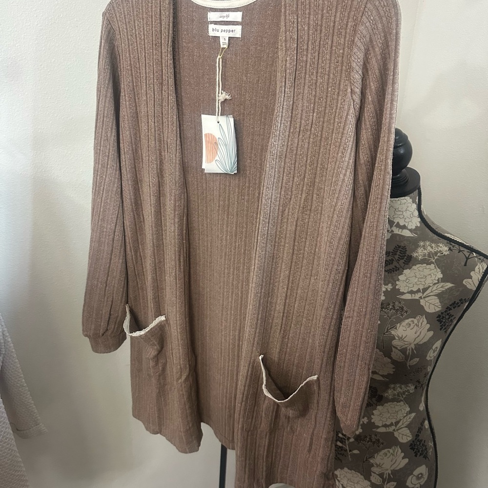 Blu Pepper Long Ribbed Open Cardigan in Taupe Brown